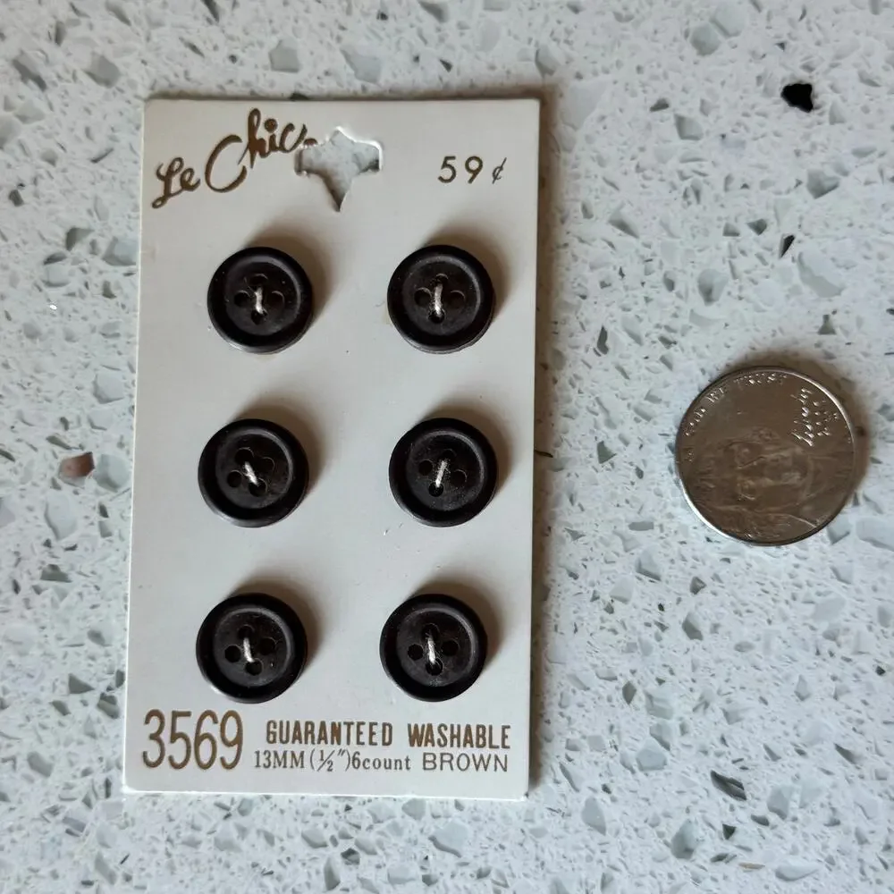 6 NEW on card Vintage 80s Dark Brown Round Flat 4 Hole Buttons 1/2